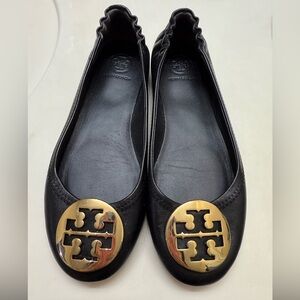 Tory Burch Black Flats with Gold Logo